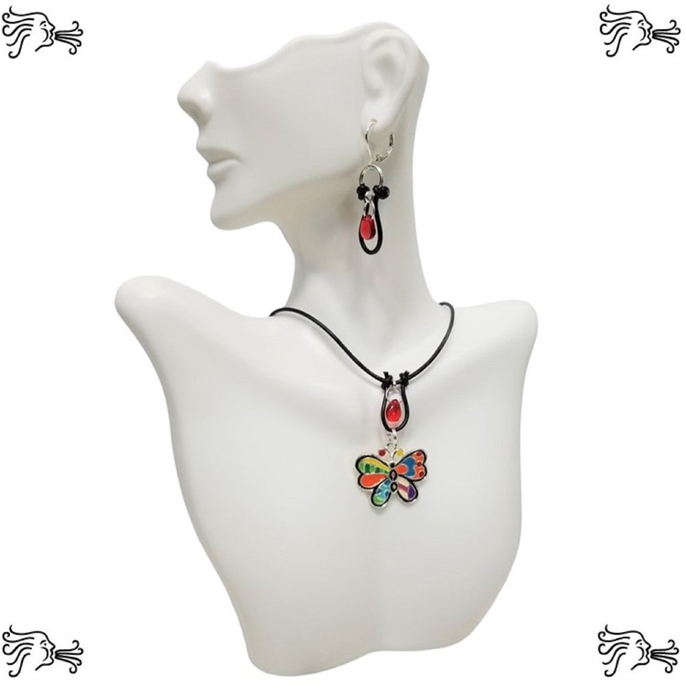 Enamel Butterfly Choker Necklace & Earrings  Brown Hand knotted Leather